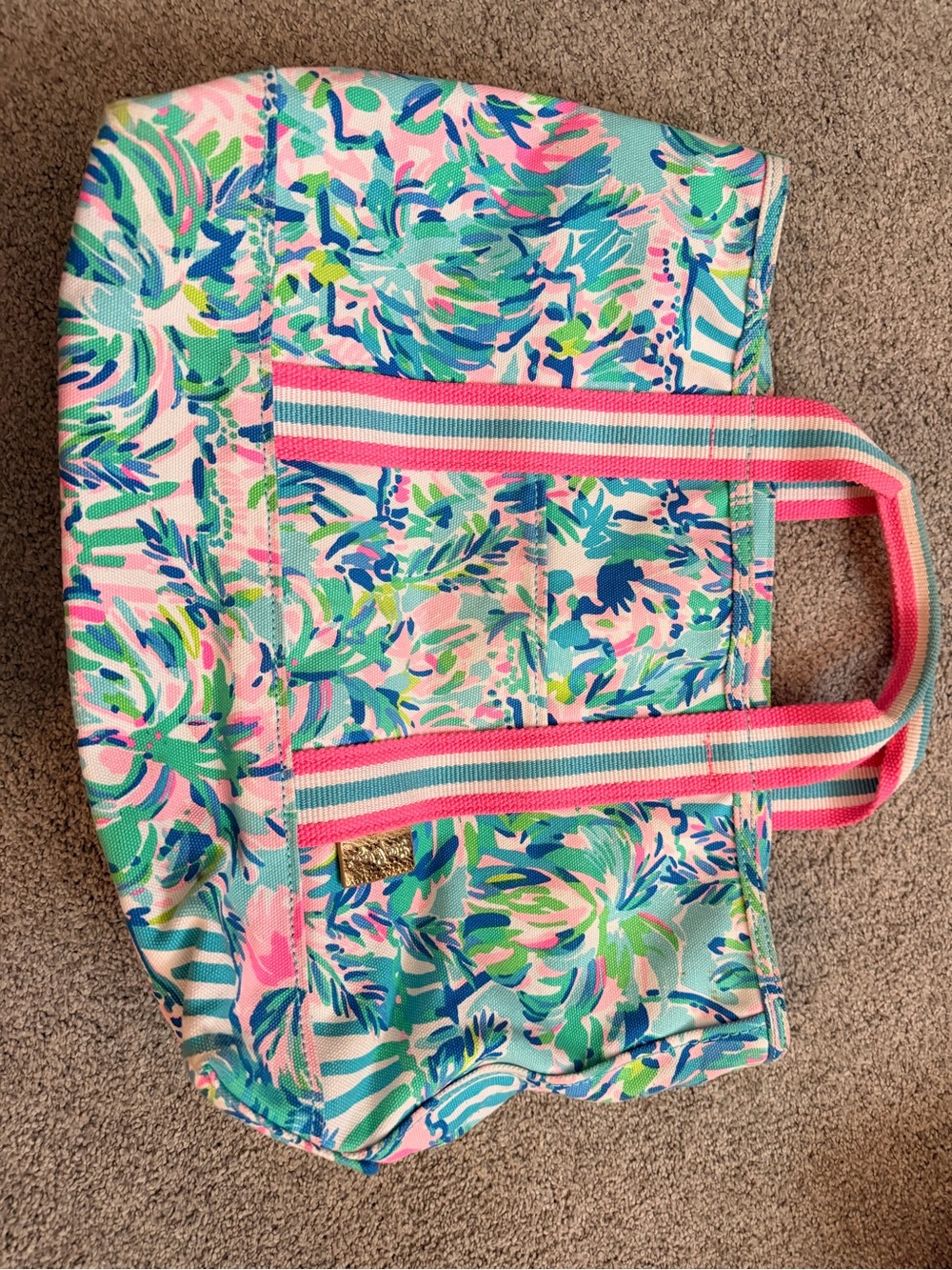 Lilly Pulitzer Multicolor Floral Canvas Tote with Pink-Striped Handles